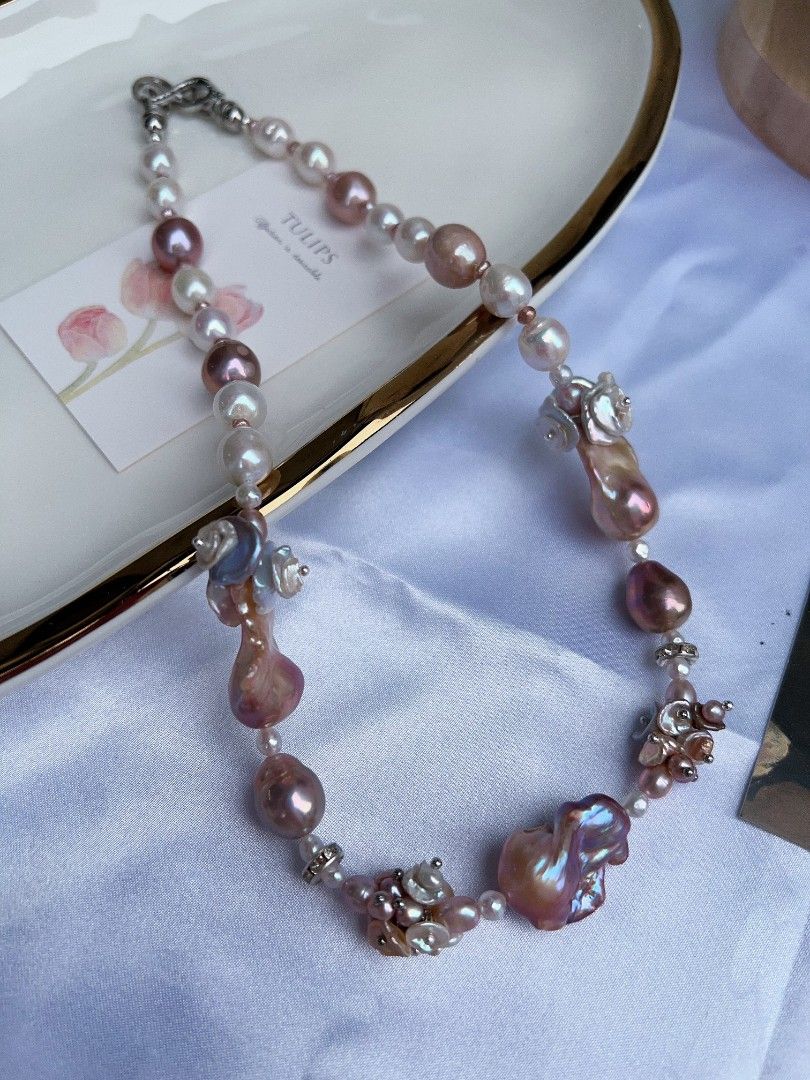 #PN1172 [Floral Series] Freshwater Pearl Necklace| Purple Fishtail Baroque Pearl| Lustrous| Colorful Petals| Natural Flaws| Christmas Gift 🌻
