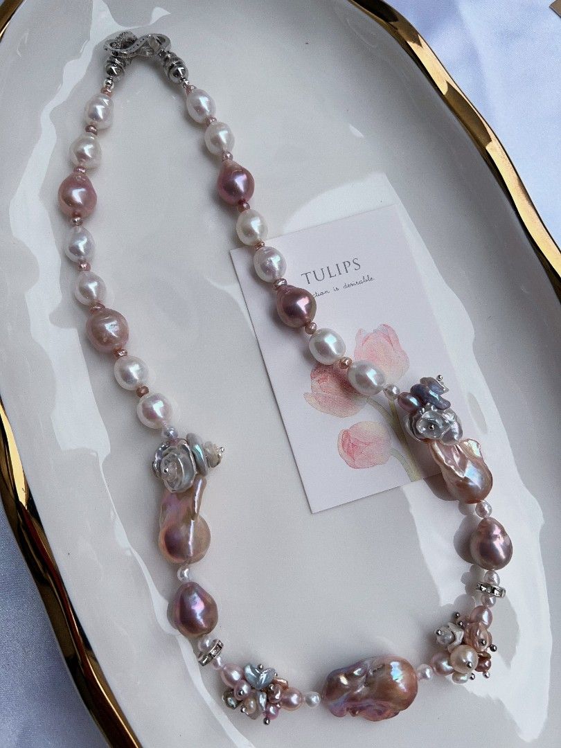 #PN1172 [Floral Series] Freshwater Pearl Necklace| Purple Fishtail Baroque Pearl| Lustrous| Colorful Petals| Natural Flaws| Christmas Gift 🌻
