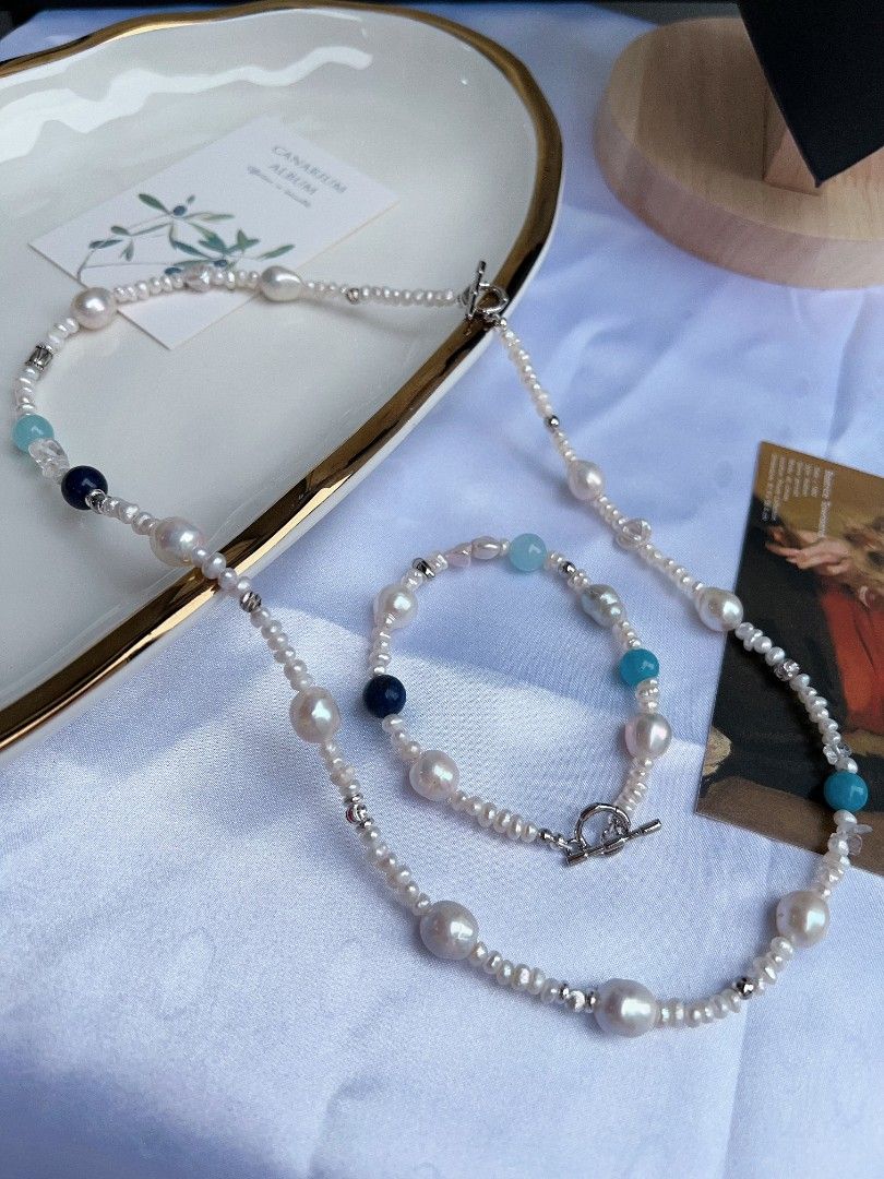 #PN1173 Freshwater Pearl Necklace & Bracelet Set| Baby Pearl| Wrinkle Baroque| Aquamarine| Blue Apatite| Good Quality| Casual Style| Christmas Gift 💐