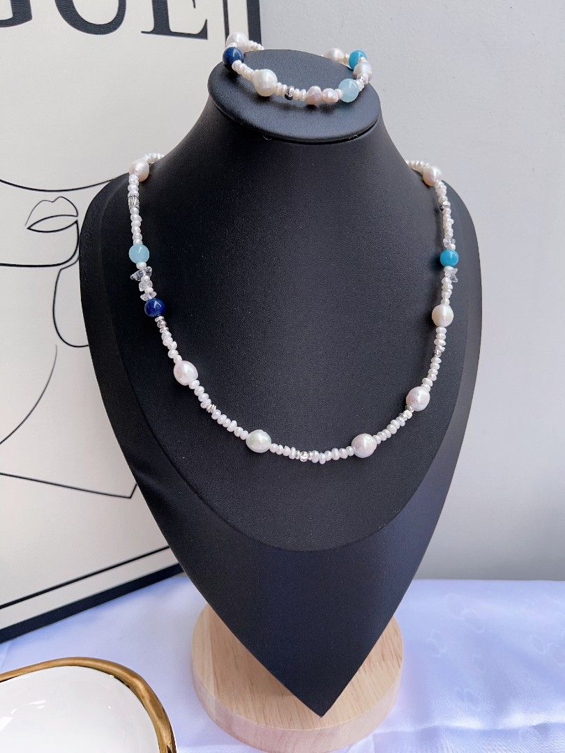 #PN1173 Freshwater Pearl Necklace & Bracelet Set| Baby Pearl| Wrinkle Baroque| Aquamarine| Blue Apatite| Good Quality| Casual Style| Christmas Gift 💐