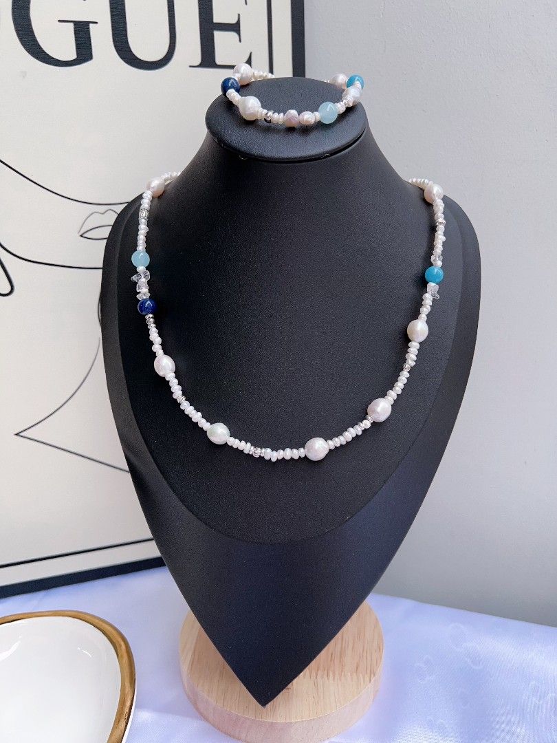 #PN1173 Freshwater Pearl Necklace & Bracelet Set| Baby Pearl| Wrinkle Baroque| Aquamarine| Blue Apatite| Good Quality| Casual Style| Christmas Gift 💐