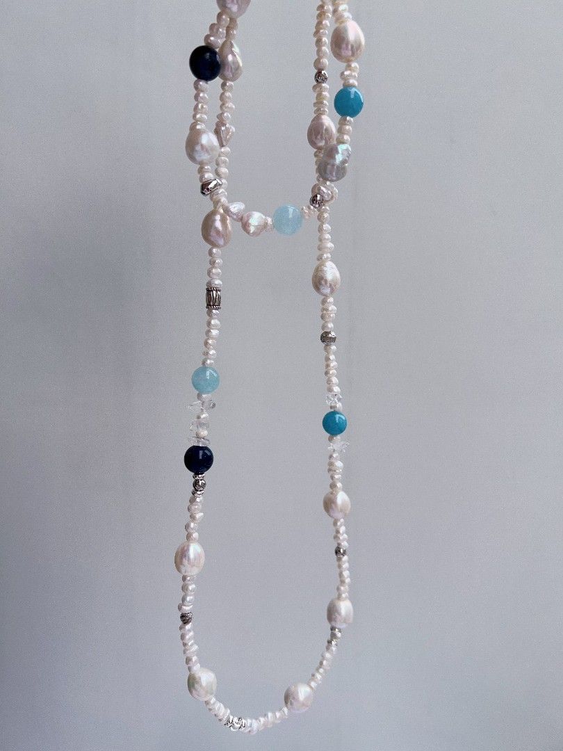 #PN1173 Freshwater Pearl Necklace & Bracelet Set| Baby Pearl| Wrinkle Baroque| Aquamarine| Blue Apatite| Good Quality| Casual Style| Christmas Gift 💐