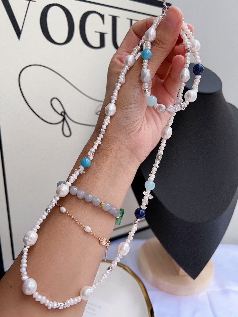 #PN1173 Freshwater Pearl Necklace & Bracelet Set| Baby Pearl| Wrinkle Baroque| Aquamarine| Blue Apatite| Good Quality| Casual Style| Christmas Gift 💐
