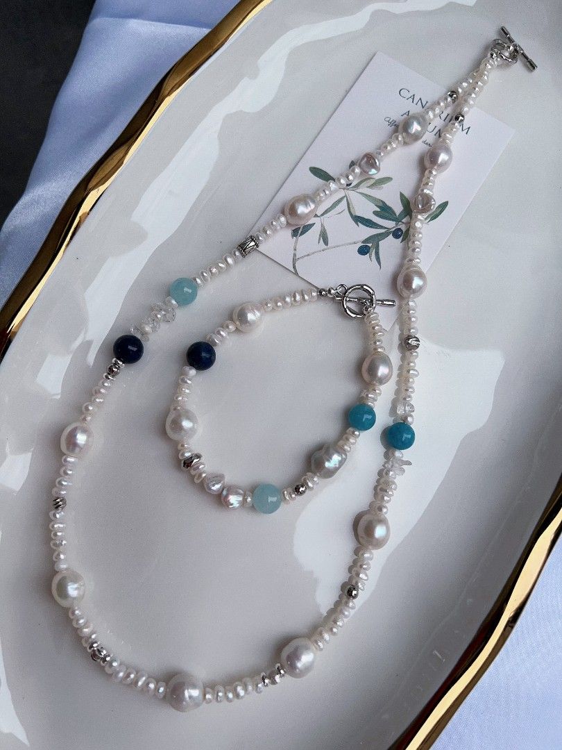 #PN1173 Freshwater Pearl Necklace & Bracelet Set| Baby Pearl| Wrinkle Baroque| Aquamarine| Blue Apatite| Good Quality| Casual Style| Christmas Gift 💐