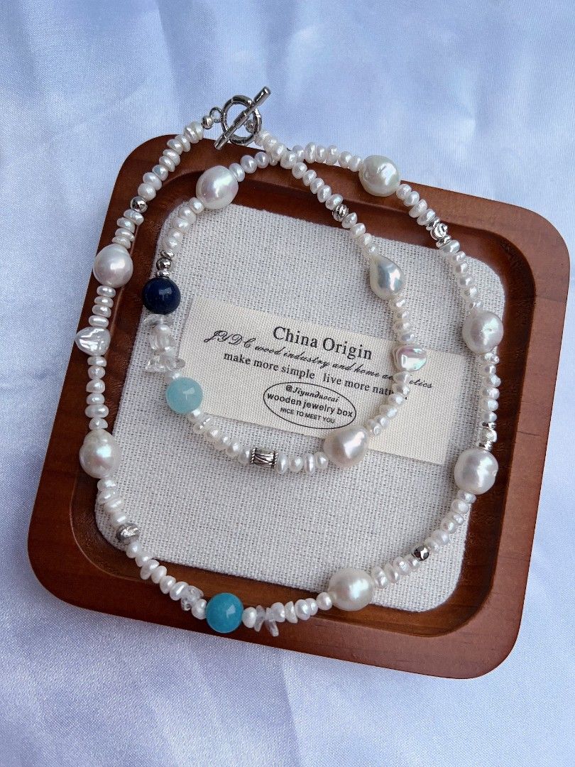 #PN1173 Freshwater Pearl Necklace & Bracelet Set| Baby Pearl| Wrinkle Baroque| Aquamarine| Blue Apatite| Good Quality| Casual Style| Christmas Gift 💐