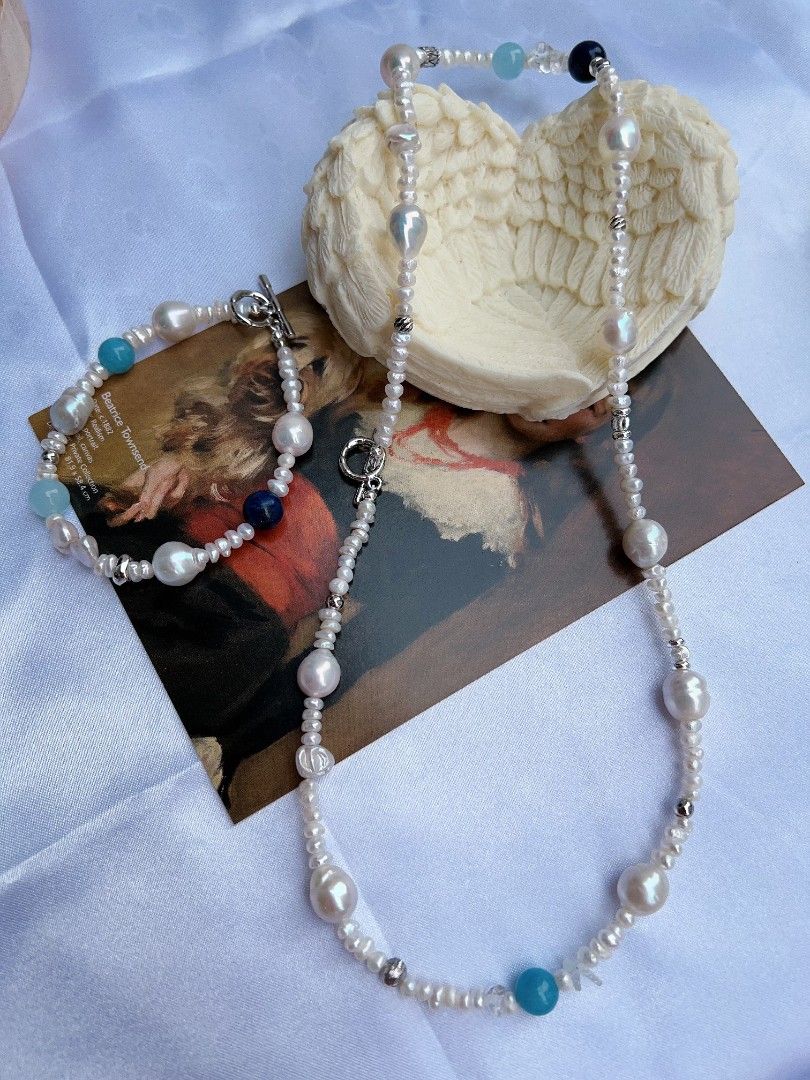 #PN1173 Freshwater Pearl Necklace & Bracelet Set| Baby Pearl| Wrinkle Baroque| Aquamarine| Blue Apatite| Good Quality| Casual Style| Christmas Gift 💐
