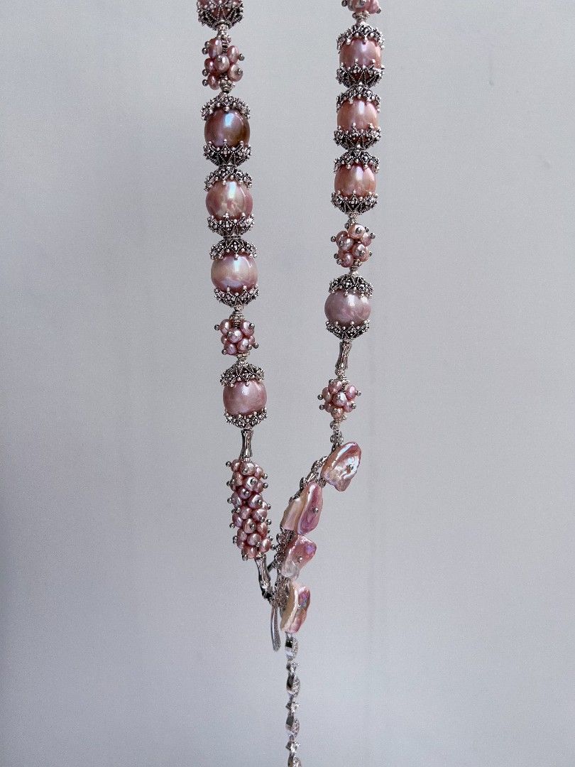 #PN1174 [Floral Series] Freshwater Pearl Necklace| Lavender Garden| 12mm-14mm Big Baroque Pearl| 45cm| Fishtail Baroque Pearl Dangling Pendant| |Big Pink Purple Petals| Luxury Taste