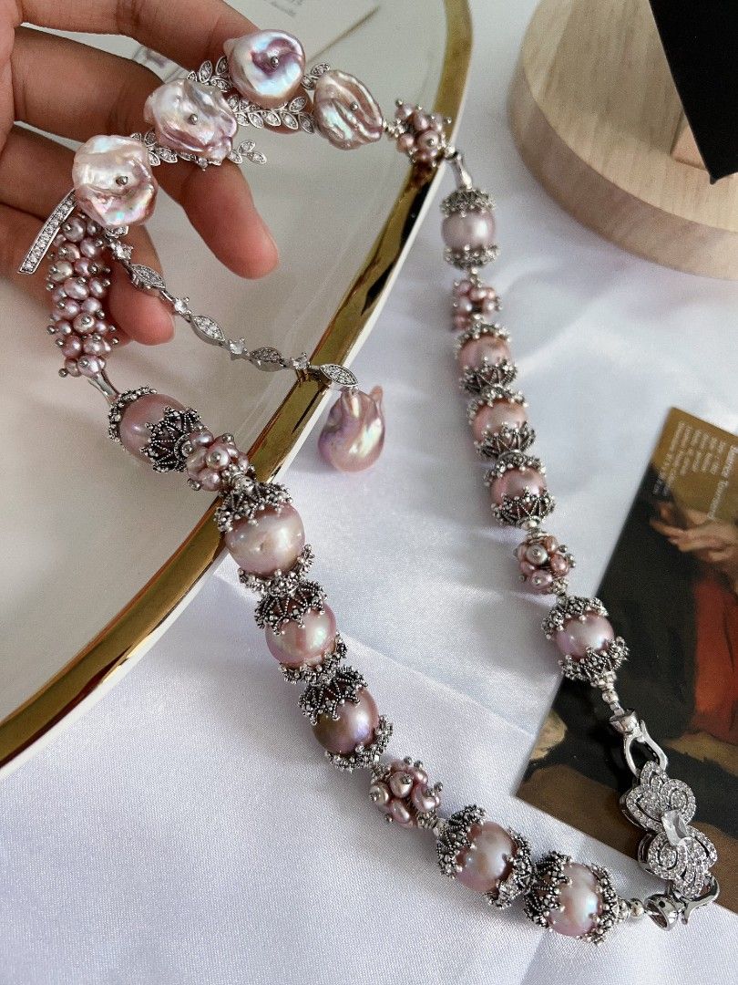 #PN1174 [Floral Series] Freshwater Pearl Necklace| Lavender Garden| 12mm-14mm Big Baroque Pearl| 45cm| Fishtail Baroque Pearl Dangling Pendant| |Big Pink Purple Petals| Luxury Taste