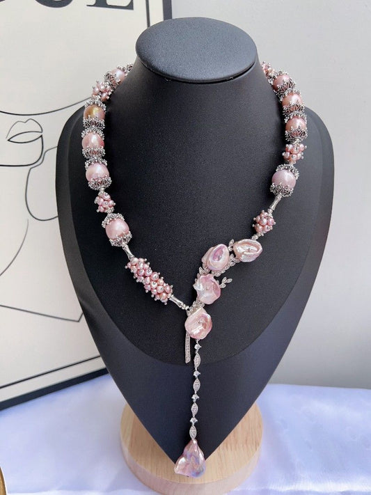 #PN1174 [Floral Series] Freshwater Pearl Necklace| Lavender Garden| 12mm-14mm Big Baroque Pearl| 45cm| Fishtail Baroque Pearl Dangling Pendant| |Big Pink Purple Petals| Luxury Taste