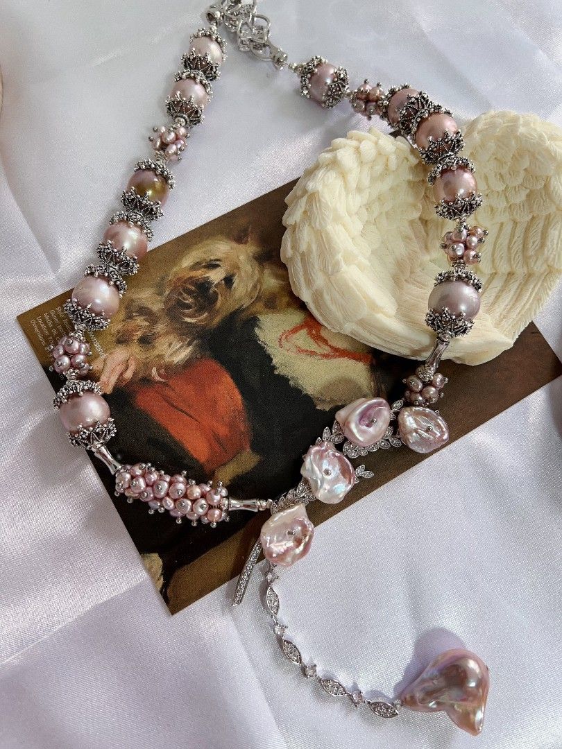 #PN1174 [Floral Series] Freshwater Pearl Necklace| Lavender Garden| 12mm-14mm Big Baroque Pearl| 45cm| Fishtail Baroque Pearl Dangling Pendant| |Big Pink Purple Petals| Luxury Taste