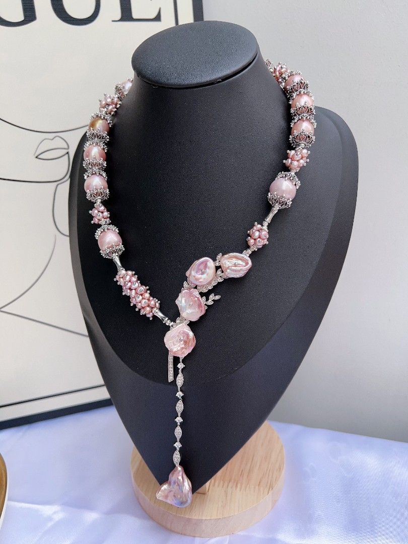 #PN1174 [Floral Series] Freshwater Pearl Necklace| Lavender Garden| 12mm-14mm Big Baroque Pearl| 45cm| Fishtail Baroque Pearl Dangling Pendant| |Big Pink Purple Petals| Luxury Taste