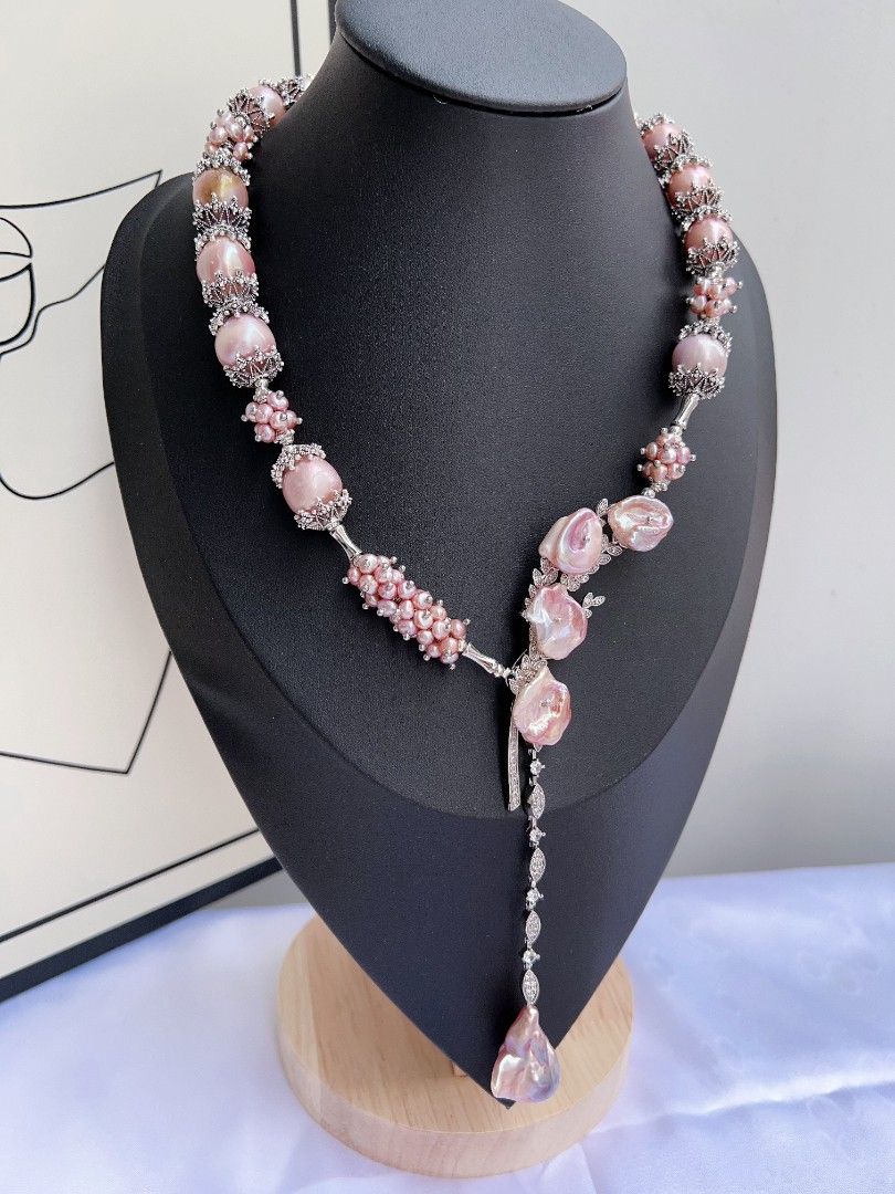 #PN1174 [Floral Series] Freshwater Pearl Necklace| Lavender Garden| 12mm-14mm Big Baroque Pearl| 45cm| Fishtail Baroque Pearl Dangling Pendant| |Big Pink Purple Petals| Luxury Taste