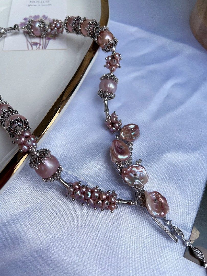 #PN1174 [Floral Series] Freshwater Pearl Necklace| Lavender Garden| 12mm-14mm Big Baroque Pearl| 45cm| Fishtail Baroque Pearl Dangling Pendant| |Big Pink Purple Petals| Luxury Taste