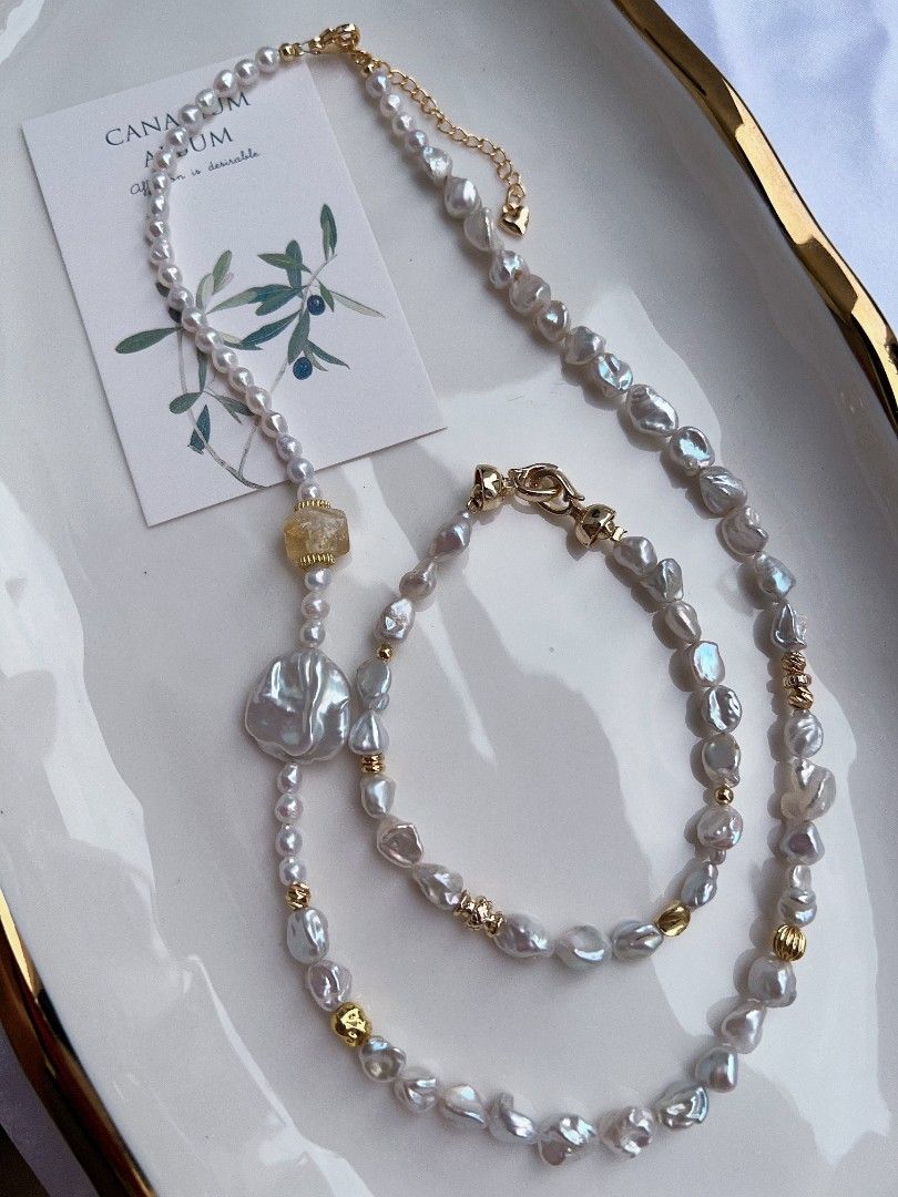 #PN1175 Freshwater Pearl Necklace & Bracelet Set| Silver Stone Pearl| Big Petal| Citrine| Elegance & Simplicity| Popular Design| Only One Set| Gift 💐 Choice