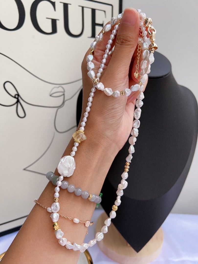 #PN1175 Freshwater Pearl Necklace & Bracelet Set| Silver Stone Pearl| Big Petal| Citrine| Elegance & Simplicity| Popular Design| Only One Set| Gift 💐 Choice