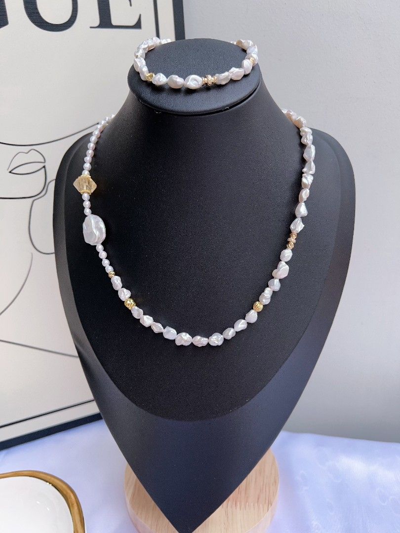 #PN1175 Freshwater Pearl Necklace & Bracelet Set| Silver Stone Pearl| Big Petal| Citrine| Elegance & Simplicity| Popular Design| Only One Set| Gift 💐 Choice