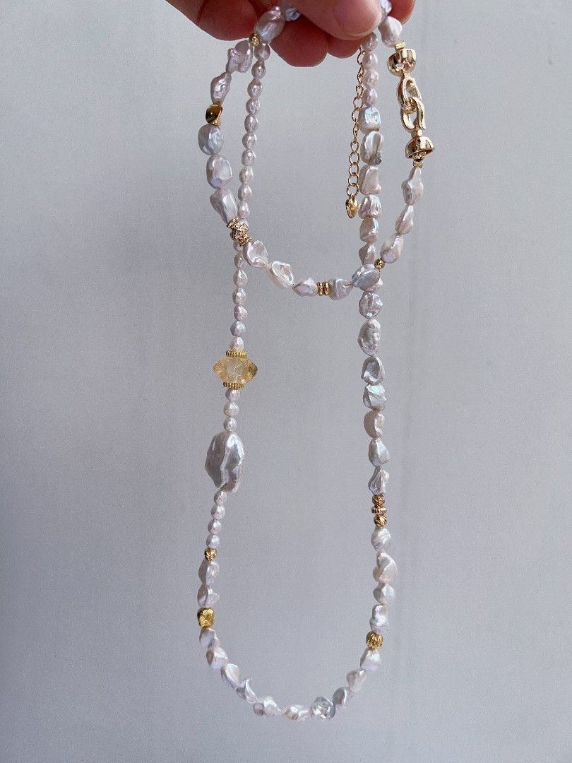 #PN1175 Freshwater Pearl Necklace & Bracelet Set| Silver Stone Pearl| Big Petal| Citrine| Elegance & Simplicity| Popular Design| Only One Set| Gift 💐 Choice