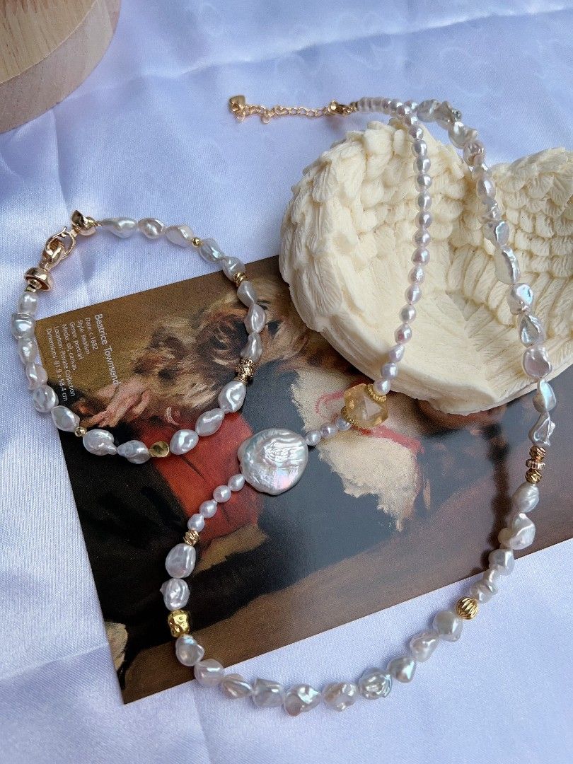 #PN1175 Freshwater Pearl Necklace & Bracelet Set| Silver Stone Pearl| Big Petal| Citrine| Elegance & Simplicity| Popular Design| Only One Set| Gift 💐 Choice