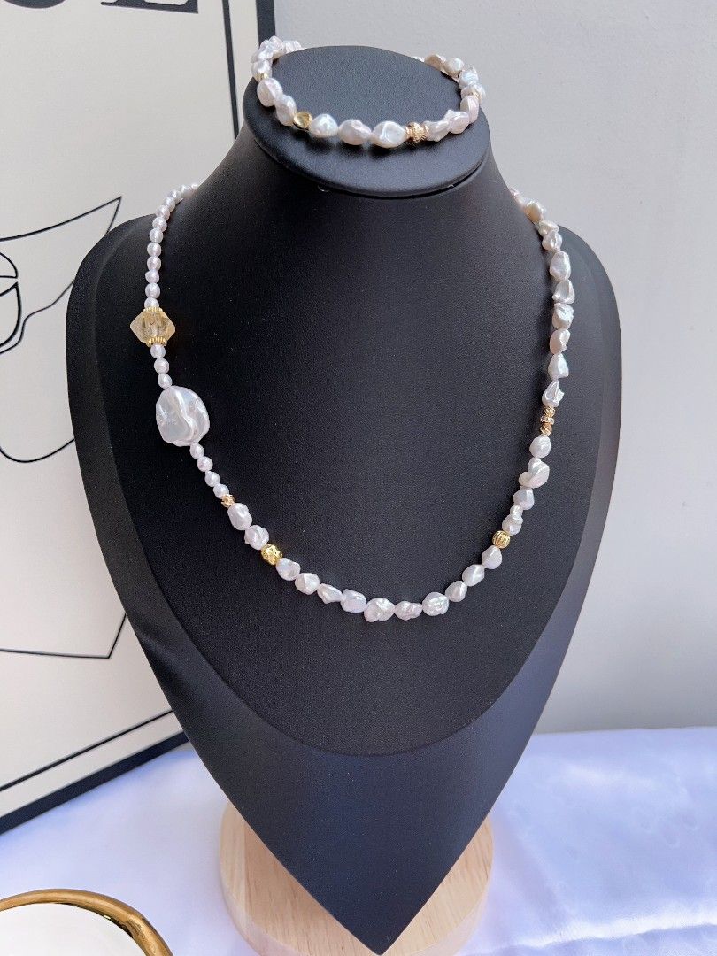 #PN1175 Freshwater Pearl Necklace & Bracelet Set| Silver Stone Pearl| Big Petal| Citrine| Elegance & Simplicity| Popular Design| Only One Set| Gift 💐 Choice