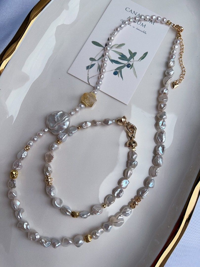 #PN1175 Freshwater Pearl Necklace & Bracelet Set| Silver Stone Pearl| Big Petal| Citrine| Elegance & Simplicity| Popular Design| Only One Set| Gift 💐 Choice