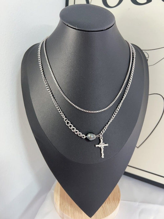 #PN1176 Saltwater Pearl Necklace| Tahitian| Cross Pendant|2-layer Chain Necklace| Clean & Cool Design| Minimalism