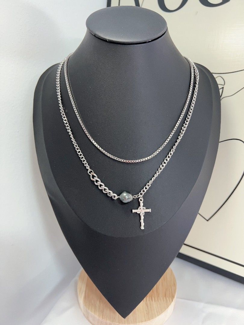 #PN1176 Saltwater Pearl Necklace| Tahitian| Cross Pendant|2-layer Chain Necklace| Clean & Cool Design| Minimalism