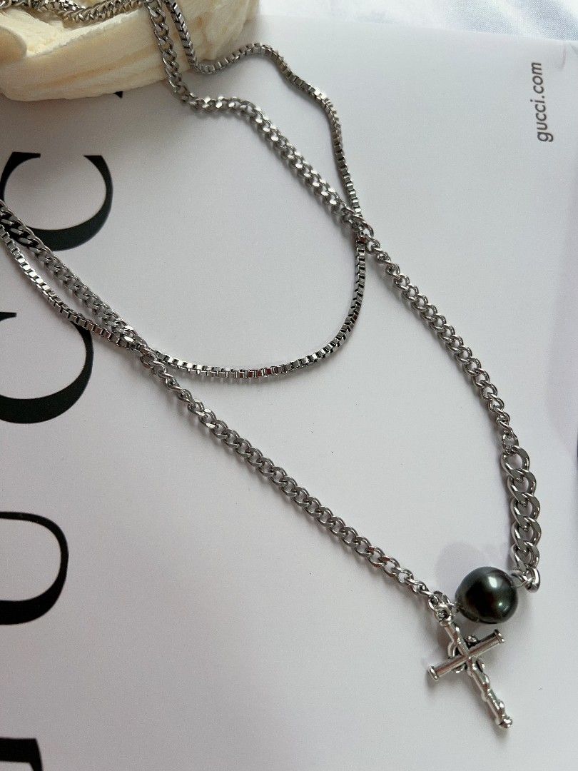 #PN1176 Saltwater Pearl Necklace| Tahitian| Cross Pendant|2-layer Chain Necklace| Clean & Cool Design| Minimalism