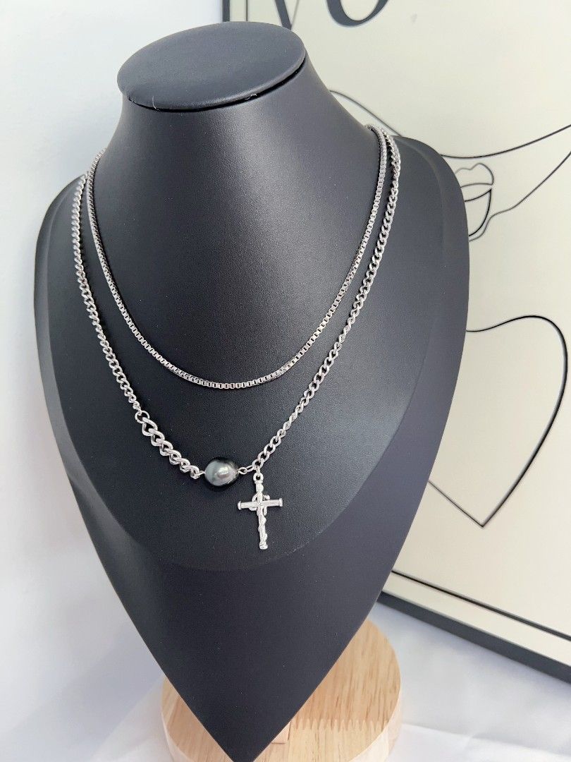 #PN1176 Saltwater Pearl Necklace| Tahitian| Cross Pendant|2-layer Chain Necklace| Clean & Cool Design| Minimalism