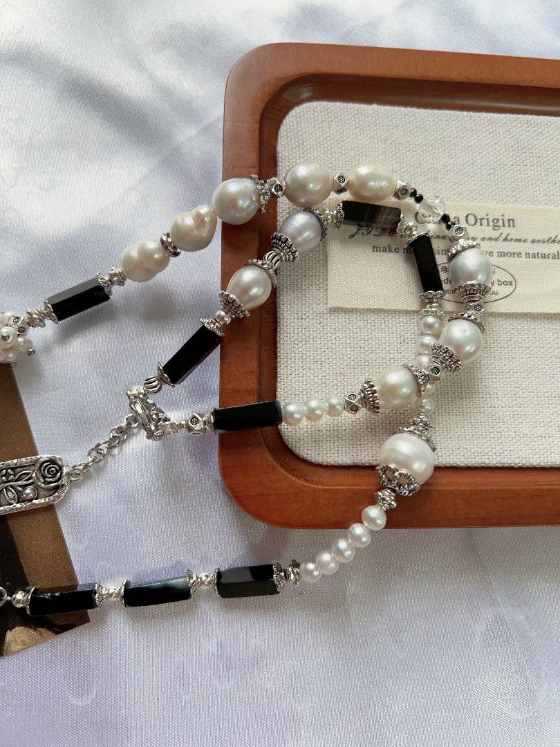 #PN1177 [Floral Series] Freshwater Pearl Necklace| Onyx | Tahitian Pearl|Tassel| Unique Design| Monotone