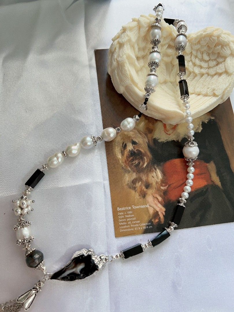 #PN1177 [Floral Series] Freshwater Pearl Necklace| Onyx | Tahitian Pearl|Tassel| Unique Design| Monotone