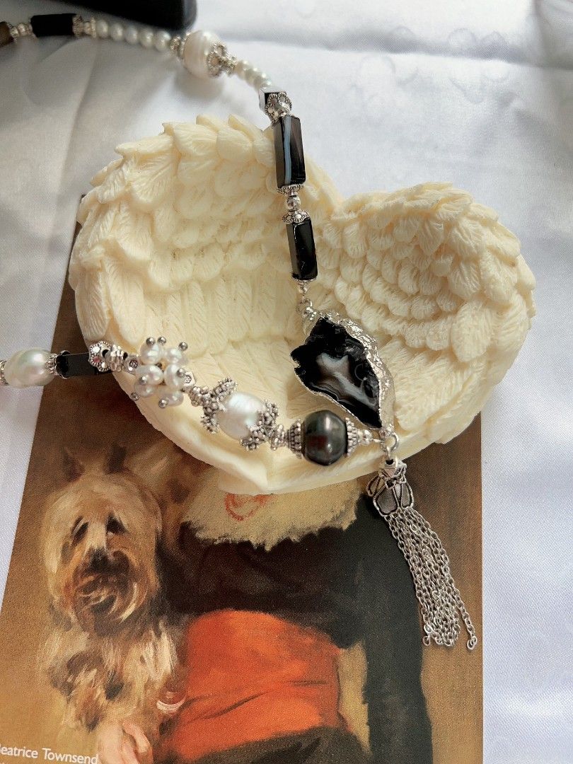 #PN1177 [Floral Series] Freshwater Pearl Necklace| Onyx | Tahitian Pearl|Tassel| Unique Design| Monotone