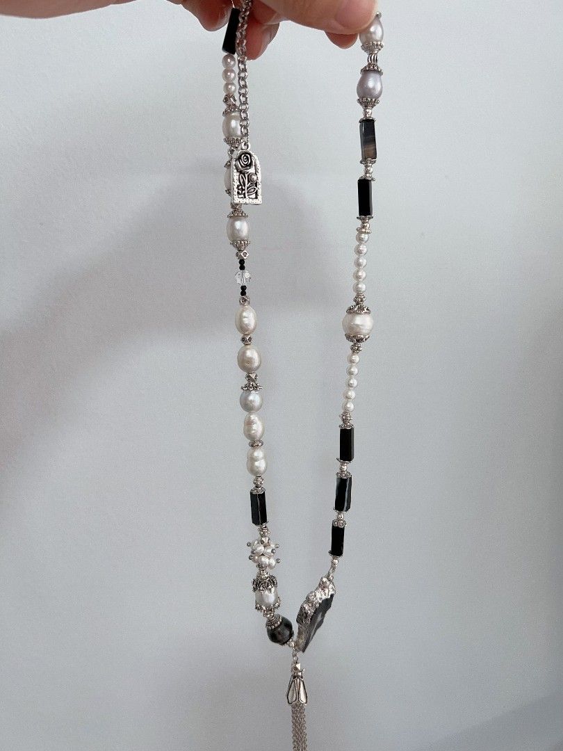#PN1177 [Floral Series] Freshwater Pearl Necklace| Onyx | Tahitian Pearl|Tassel| Unique Design| Monotone