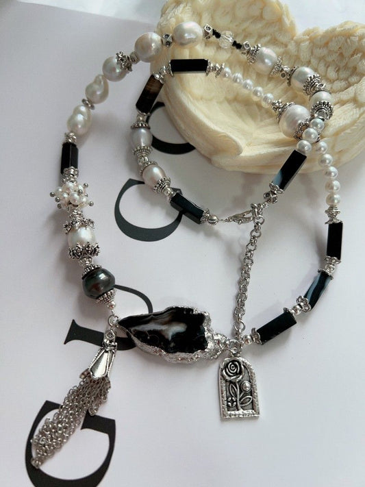 #PN1177 [Floral Series] Freshwater Pearl Necklace| Onyx | Tahitian Pearl|Tassel| Unique Design| Monotone
