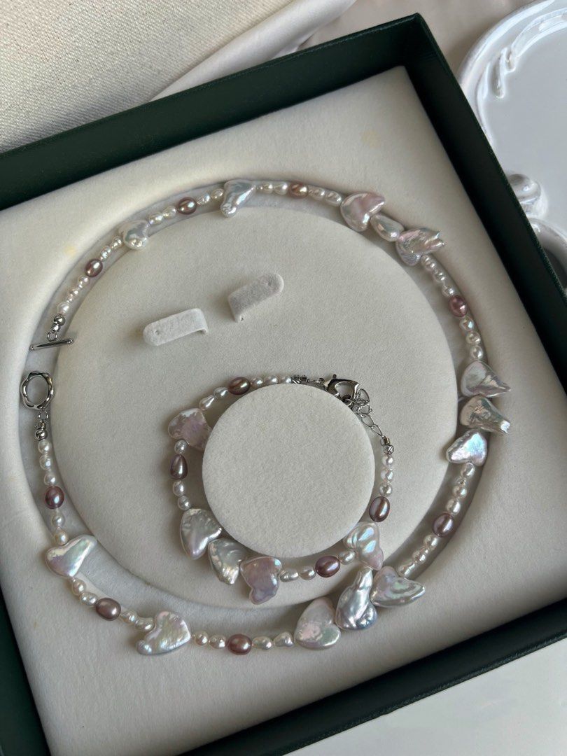 #PN610 Melted Love| Freshwater Pearl Necklace & Bracelet Set | Heart Shaped Pearl | Lustrous | Purple Rice Pearl