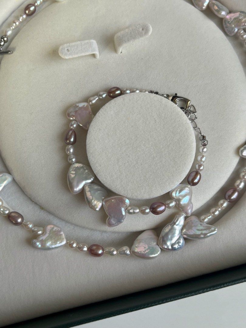 #PN610 Melted Love| Freshwater Pearl Necklace & Bracelet Set | Heart Shaped Pearl | Lustrous | Purple Rice Pearl