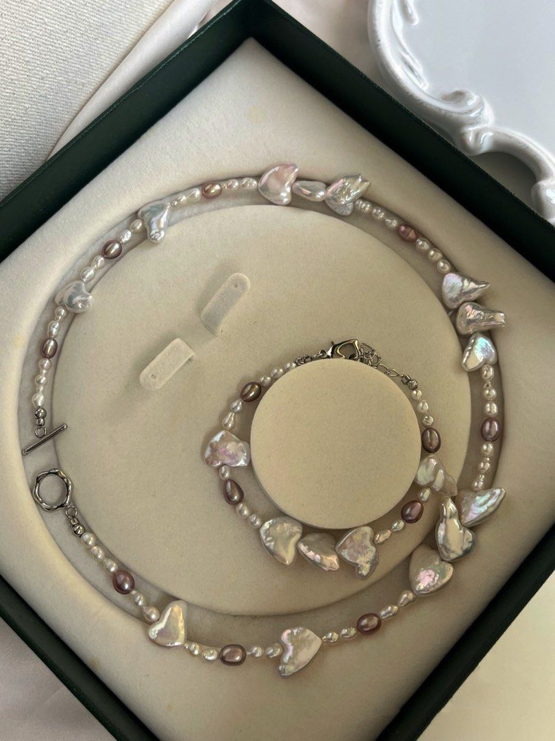 #PN610 Melted Love| Freshwater Pearl Necklace & Bracelet Set | Heart Shaped Pearl | Lustrous | Purple Rice Pearl