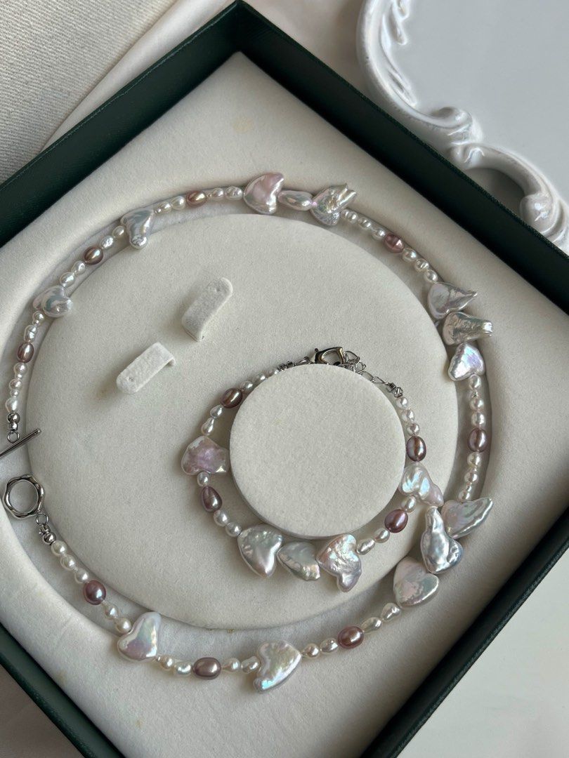 #PN610 Melted Love| Freshwater Pearl Necklace & Bracelet Set | Heart Shaped Pearl | Lustrous | Purple Rice Pearl