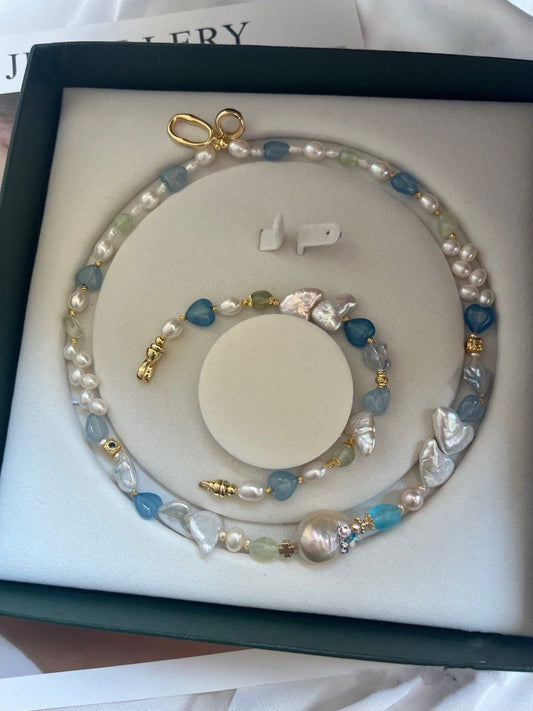 #PN611 Rainbow Fishtail | Freshwater Pearl Necklace & Bracelet Set | Heart Baroque |Aquamarine Heart| Wheat Ear|Lemon Quartz