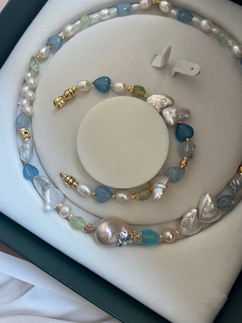 #PN611 Rainbow Fishtail | Freshwater Pearl Necklace & Bracelet Set | Heart Baroque |Aquamarine Heart| Wheat Ear|Lemon Quartz