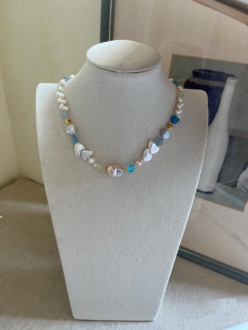 #PN611 Rainbow Fishtail | Freshwater Pearl Necklace & Bracelet Set | Heart Baroque |Aquamarine Heart| Wheat Ear|Lemon Quartz