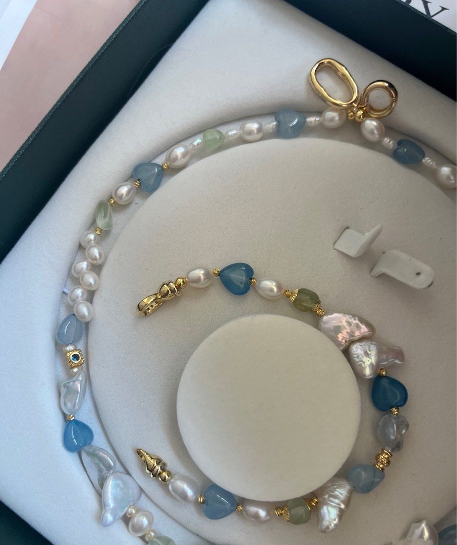 #PN611 Rainbow Fishtail | Freshwater Pearl Necklace & Bracelet Set | Heart Baroque |Aquamarine Heart| Wheat Ear|Lemon Quartz