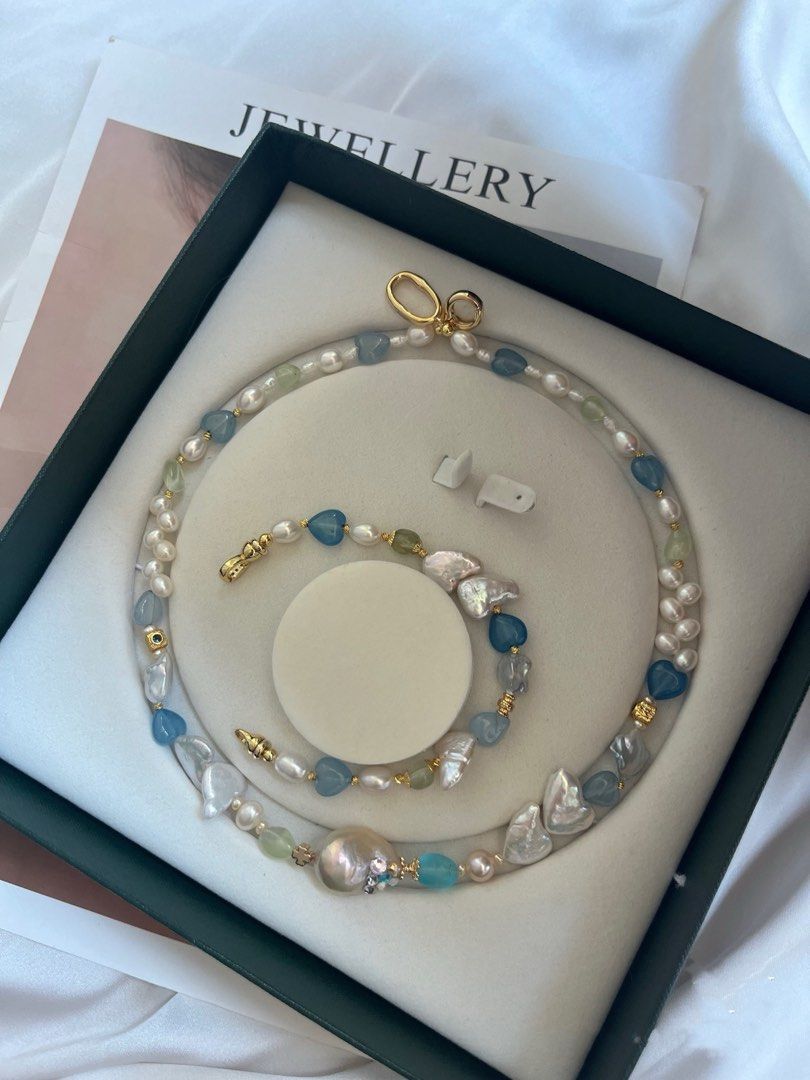 #PN611 Rainbow Fishtail | Freshwater Pearl Necklace & Bracelet Set | Heart Baroque |Aquamarine Heart| Wheat Ear|Lemon Quartz