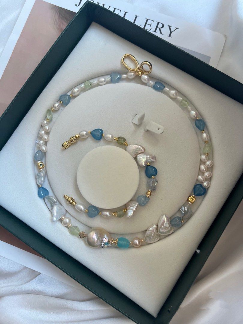 #PN611 Rainbow Fishtail | Freshwater Pearl Necklace & Bracelet Set | Heart Baroque |Aquamarine Heart| Wheat Ear|Lemon Quartz