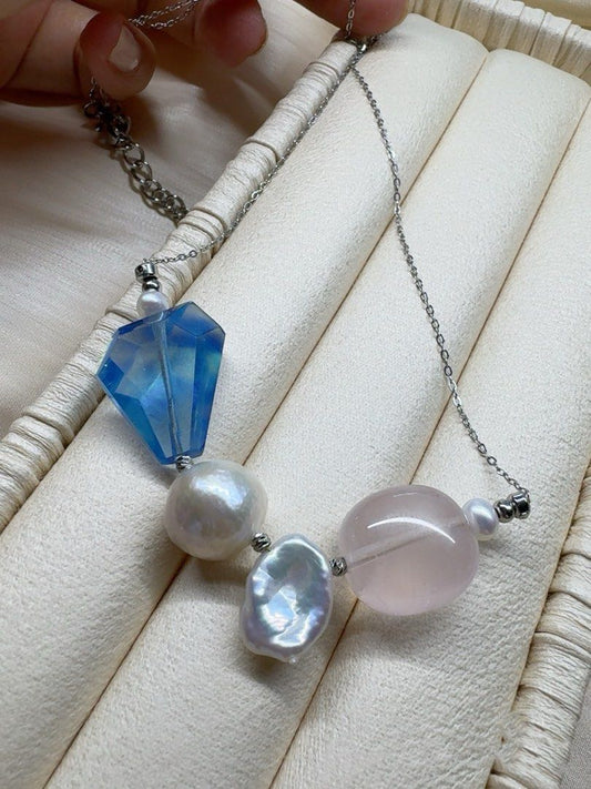 #PN615 [Pearl Necklace] Freshwater Pearl & Crystal Necklace | Baroque Pearl | Devil Blue Faceted Freeform |Strong Sheen| Rose Quartz Big Freeform | Titanium Chain| Rust-free