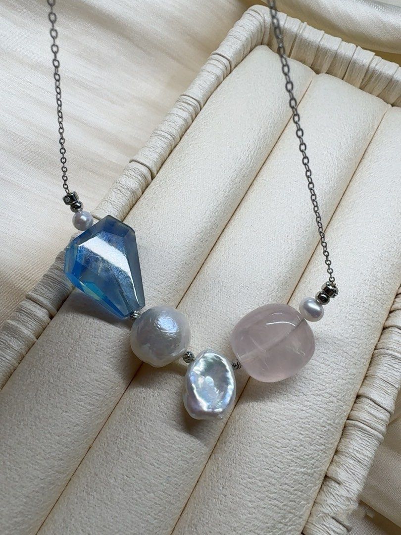 #PN615 [Pearl Necklace] Freshwater Pearl & Crystal Necklace | Baroque Pearl | Devil Blue Faceted Freeform |Strong Sheen| Rose Quartz Big Freeform | Titanium Chain| Rust-free