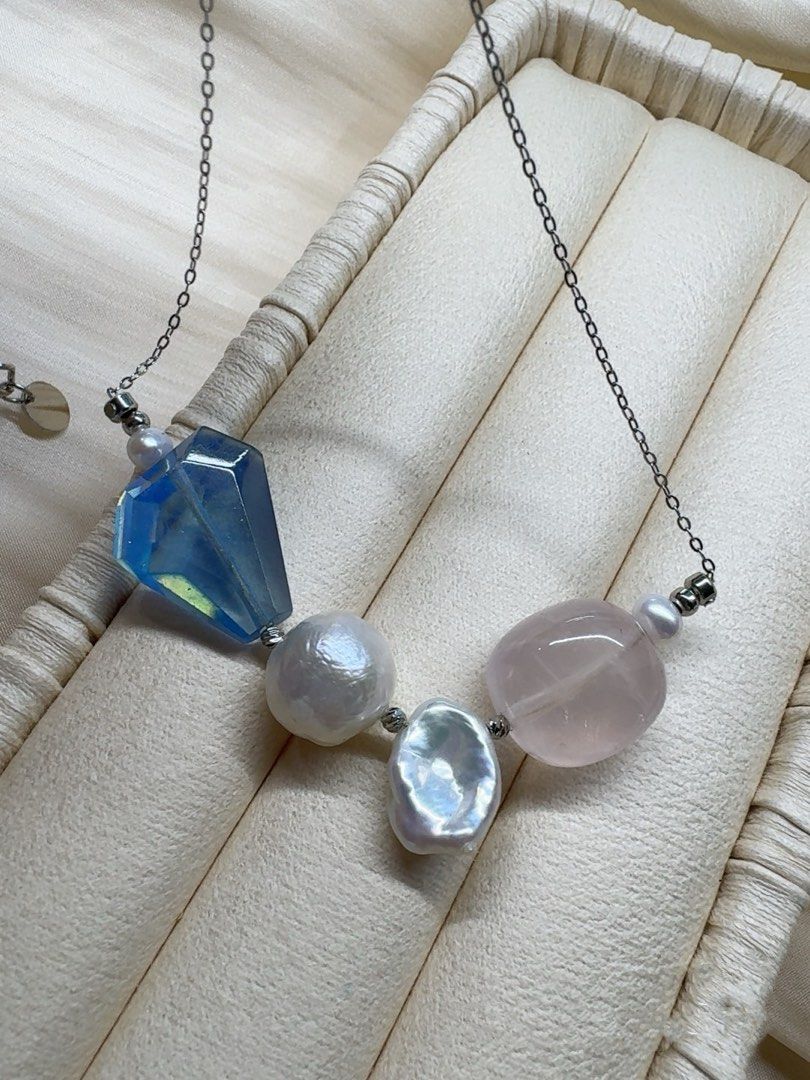 #PN615 [Pearl Necklace] Freshwater Pearl & Crystal Necklace | Baroque Pearl | Devil Blue Faceted Freeform |Strong Sheen| Rose Quartz Big Freeform | Titanium Chain| Rust-free