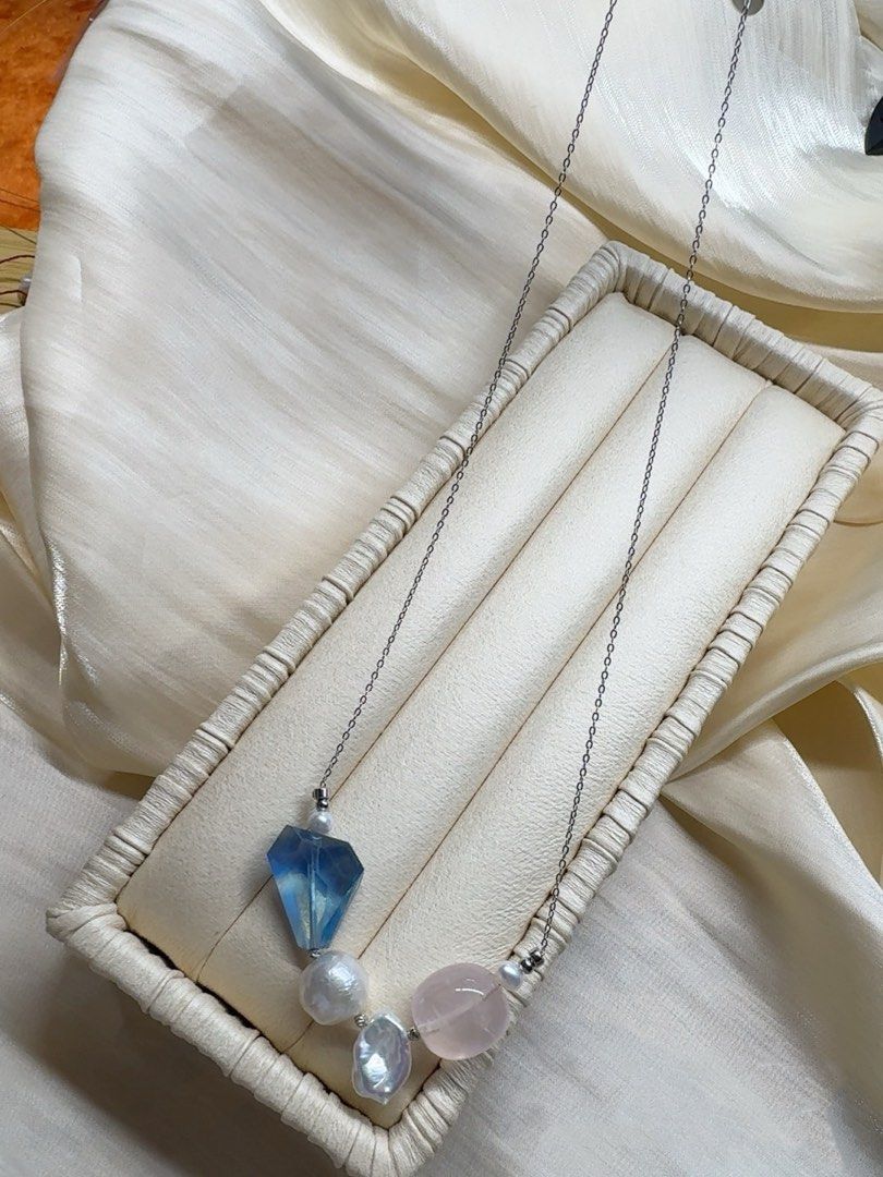 #PN615 [Pearl Necklace] Freshwater Pearl & Crystal Necklace | Baroque Pearl | Devil Blue Faceted Freeform |Strong Sheen| Rose Quartz Big Freeform | Titanium Chain| Rust-free