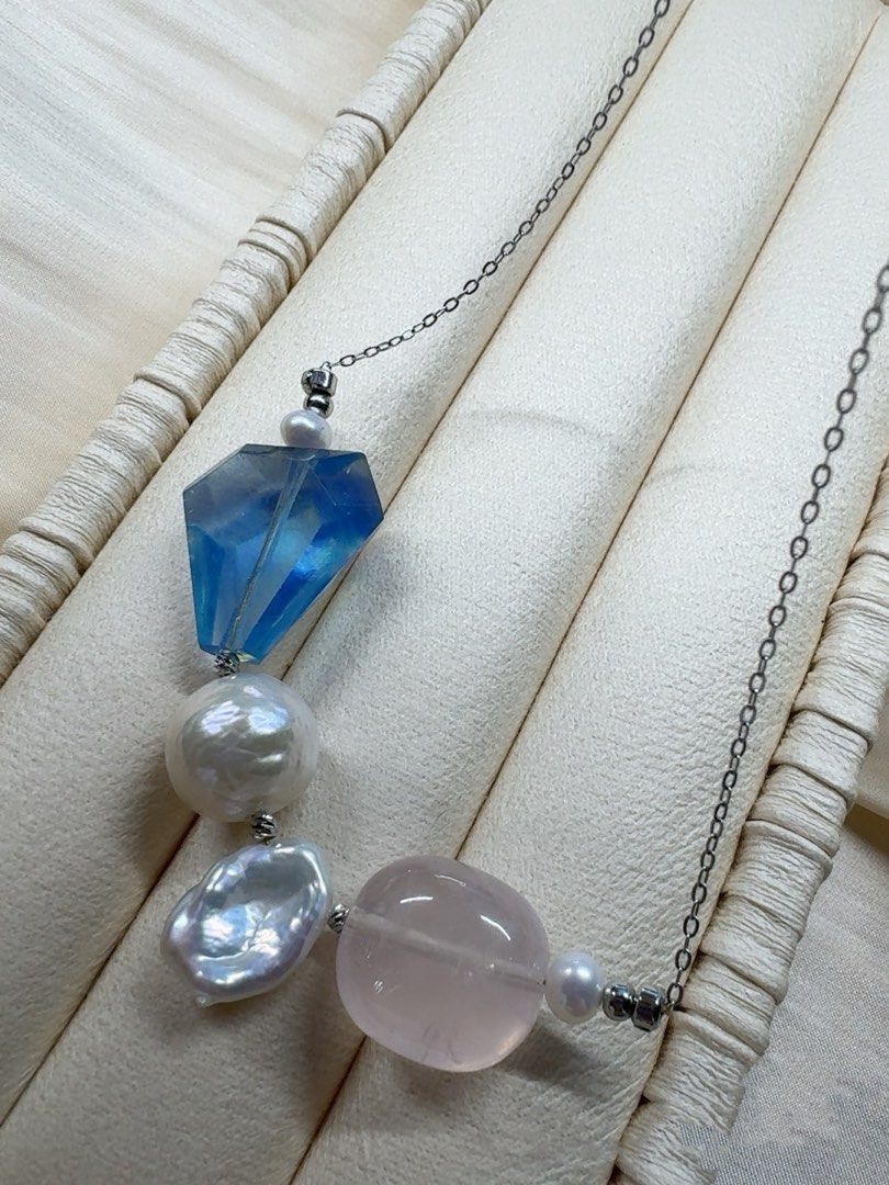 #PN615 [Pearl Necklace] Freshwater Pearl & Crystal Necklace | Baroque Pearl | Devil Blue Faceted Freeform |Strong Sheen| Rose Quartz Big Freeform | Titanium Chain| Rust-free