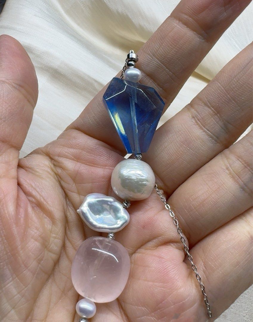 #PN615 [Pearl Necklace] Freshwater Pearl & Crystal Necklace | Baroque Pearl | Devil Blue Faceted Freeform |Strong Sheen| Rose Quartz Big Freeform | Titanium Chain| Rust-free