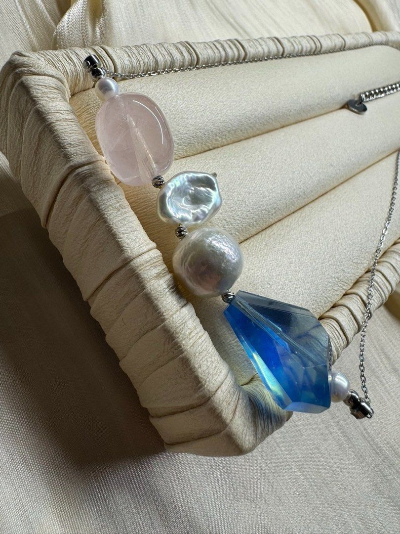 #PN615 [Pearl Necklace] Freshwater Pearl & Crystal Necklace | Baroque Pearl | Devil Blue Faceted Freeform |Strong Sheen| Rose Quartz Big Freeform | Titanium Chain| Rust-free